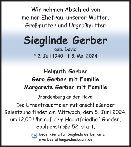 Traueranzeige von Sieglinde Gerber von Märkische Oderzeitung