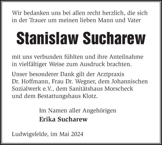 Traueranzeige von Stanislaw Sucharew von Märkische Oderzeitung