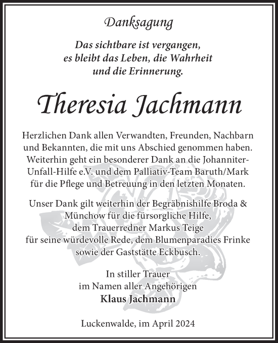 Traueranzeige von Theresia Jachmann von Märkische Oderzeitung