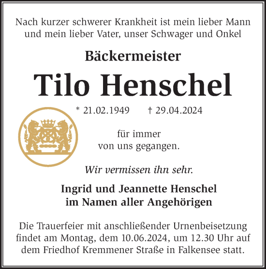 Traueranzeige von Tilo Henschel von Märkische Oderzeitung