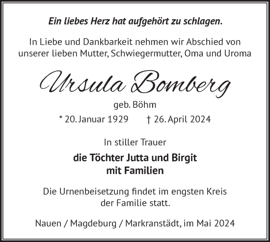 Traueranzeige von Ursula Bomberg von Märkische Oderzeitung