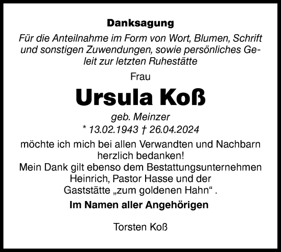 Traueranzeige von Ursula Koß von Märkische Oderzeitung