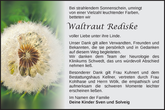 Traueranzeige von Waltraut Rediske von Märkische Oderzeitung