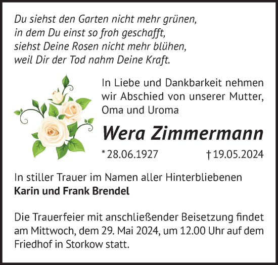 Traueranzeige von Wera Zimmermann von Märkische Oderzeitung