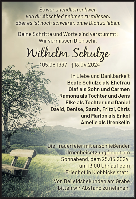 Traueranzeige von Wilhelm Schulze von Märkische Oderzeitung