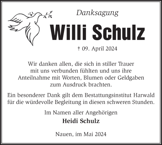 Traueranzeige von Willi Schulz von Märkische Oderzeitung