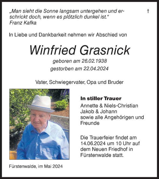 Traueranzeige von Winfried Grasnick von Märkische Oderzeitung