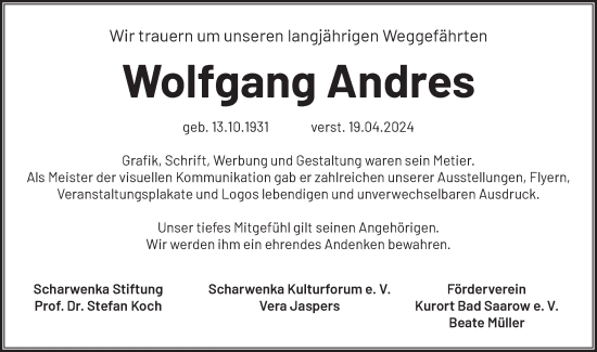 Traueranzeige von Wolfgang Andres von Märkische Oderzeitung