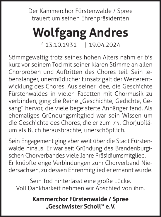 Traueranzeige von Wolfgang Andres von Märkische Oderzeitung