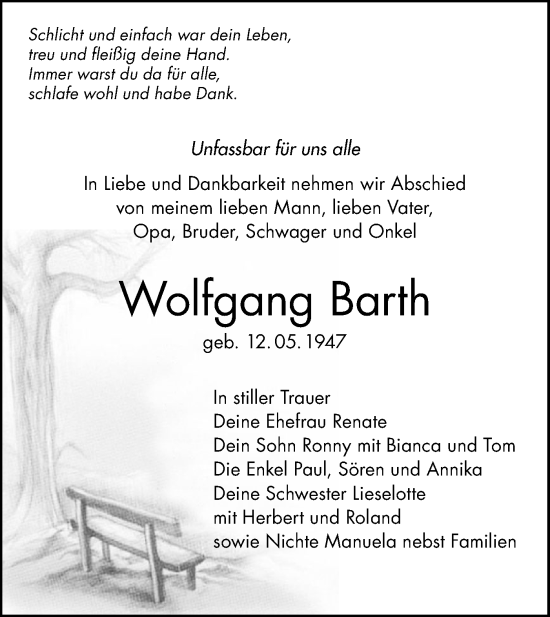 Traueranzeige von Wolfgang Barth von Märkische Oderzeitung