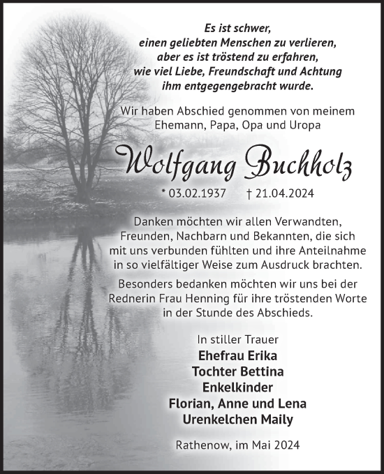 Traueranzeige von Wolfgang Buchholz von Märkische Oderzeitung