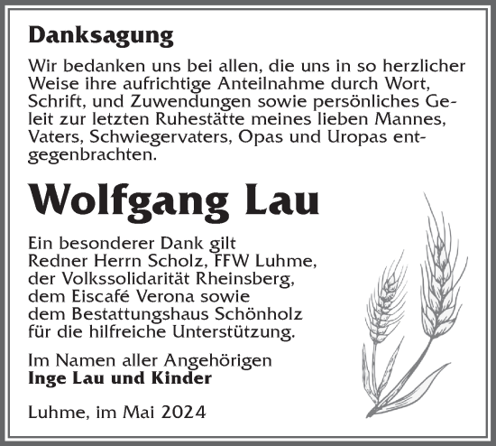 Traueranzeige von Wolfgang Lau von Märkische Oderzeitung