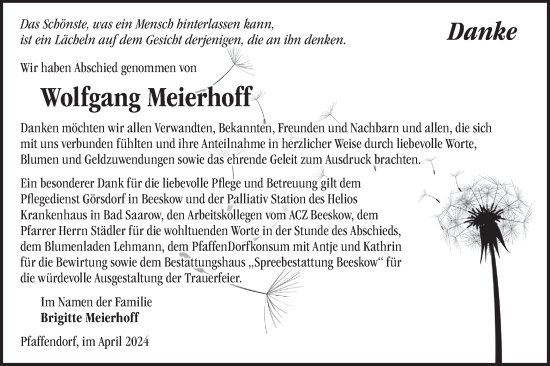 Traueranzeige von Wolfgang Meierhoff von Märkische Oderzeitung