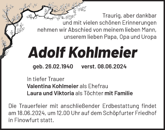 Traueranzeige von Adolf Kohlmeier von Märkische Oderzeitung