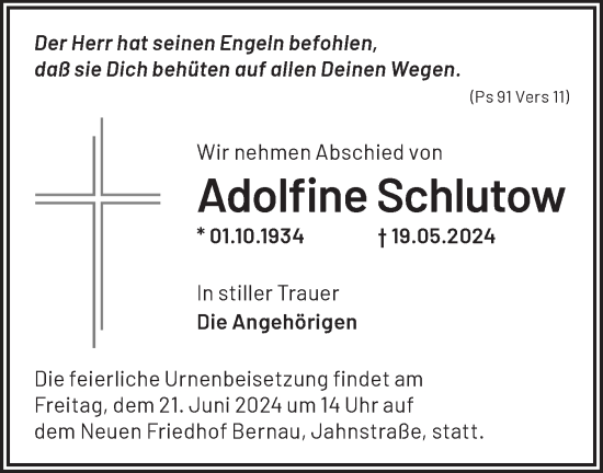 Traueranzeige von Adolfine Schlutow von Märkische Oderzeitung