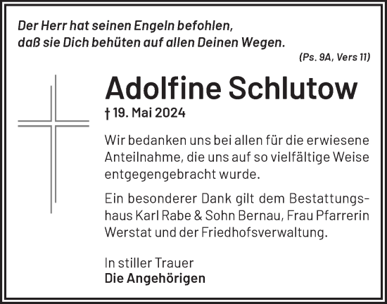 Traueranzeige von Adolfine Schlutow von Märkische Oderzeitung