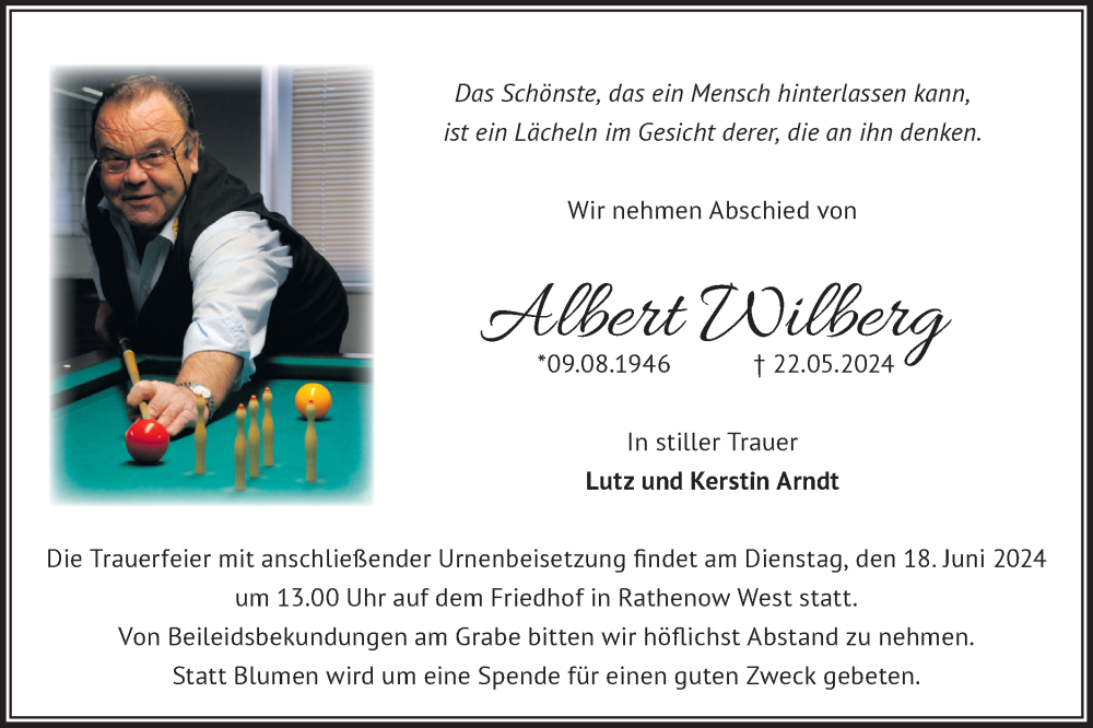  Traueranzeige für Albert Wilberg vom 08.06.2024 aus Märkische Oderzeitung