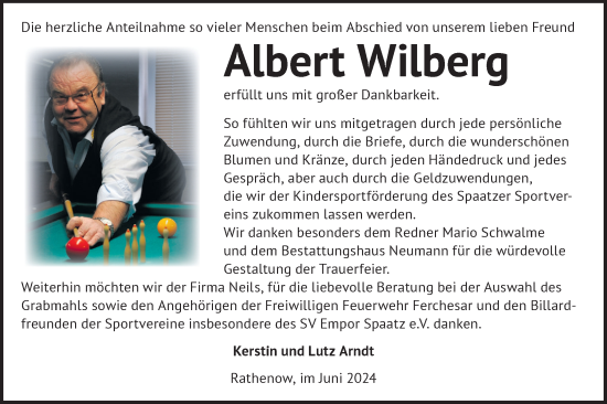 Traueranzeige von Albert Wilberg von Märkische Oderzeitung