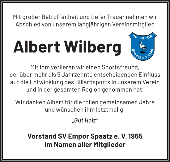 Traueranzeige von Albert Wilberg von Märkische Oderzeitung