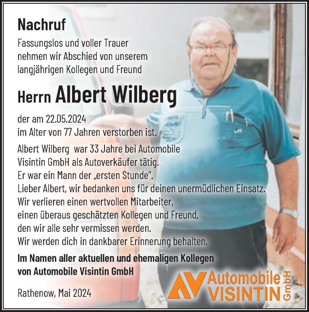  Traueranzeige für Albert Wilberg vom 01.06.2024 aus Märkische Oderzeitung