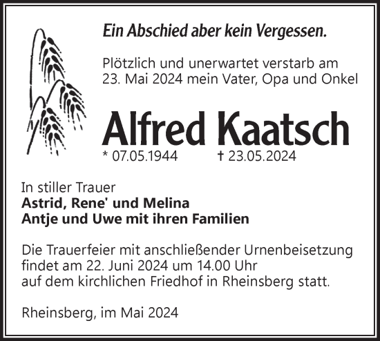 Traueranzeige von Alfred Kaatsch von Märkische Oderzeitung