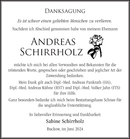 Traueranzeige von Andreas Schirrholz von Märkische Oderzeitung