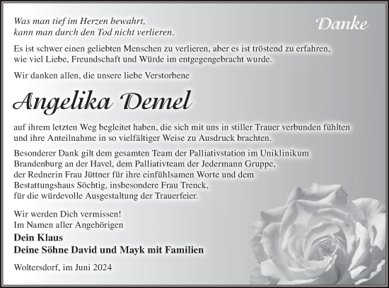 Traueranzeige von Angelika Demel von Märkische Oderzeitung