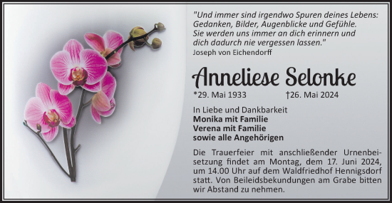 Traueranzeige von Anneliese Selonke von Märkische Oderzeitung