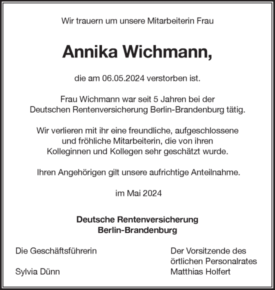 Traueranzeige von Annika Wichmann von Märkische Oderzeitung