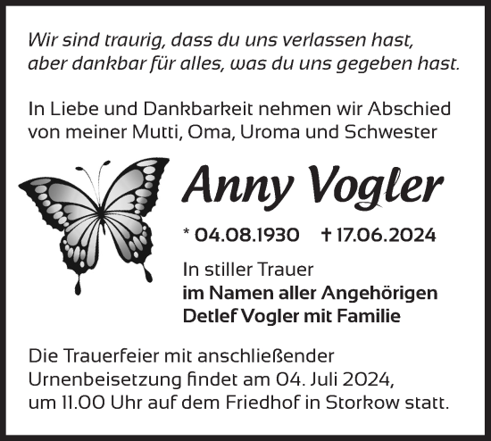 Traueranzeige von Anny Vogler von Märkische Oderzeitung