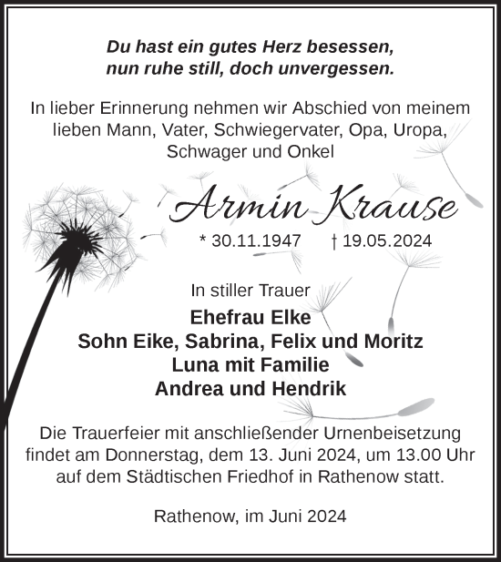 Traueranzeige von Armin Krause von Märkische Oderzeitung