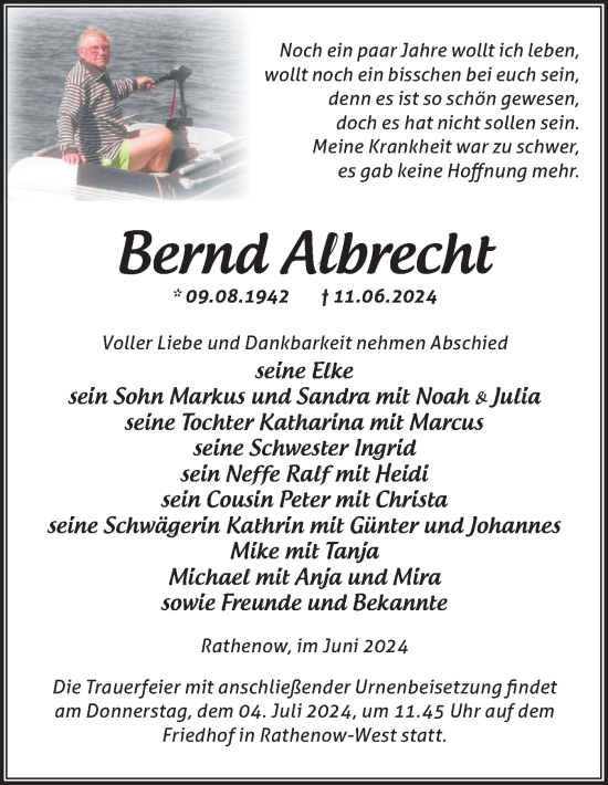 Traueranzeige von Bernd Albrecht von Märkische Oderzeitung