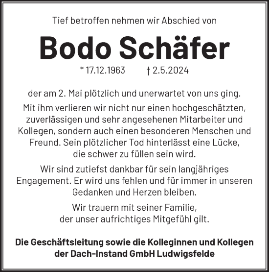 Traueranzeige von Bodo Schäfer von Märkische Oderzeitung