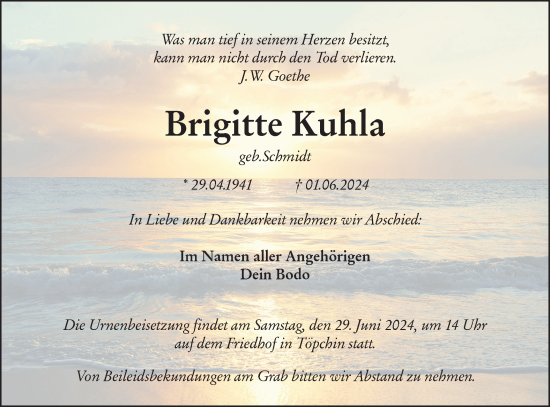 Traueranzeige von Brigitte Kuhla von Märkische Oderzeitung