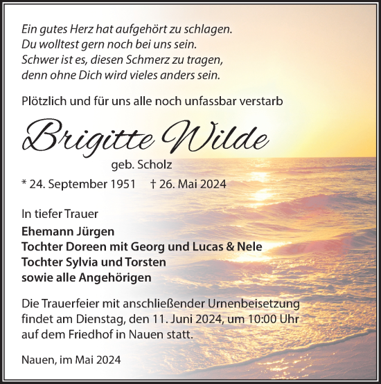 Traueranzeige von Brigitte Wilde von Märkische Oderzeitung