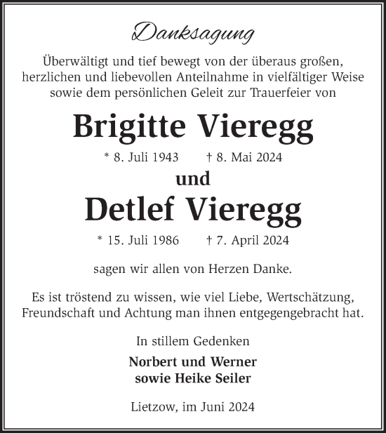 Traueranzeige von Brigitte und Detlef Vieregg von Märkische Oderzeitung