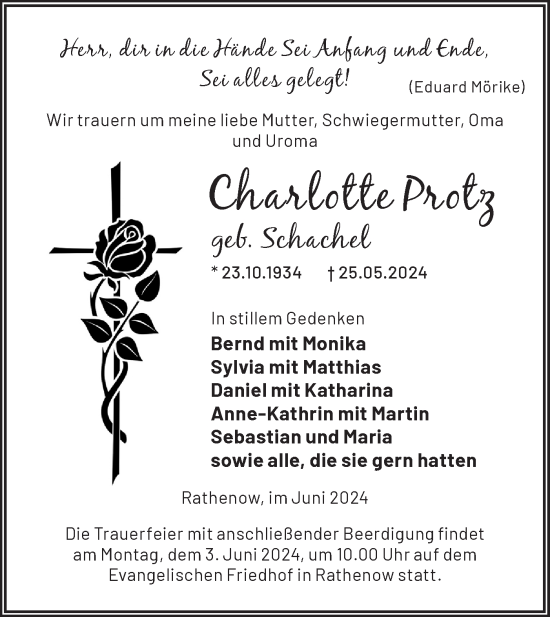 Traueranzeige von Charlotte Protz von Märkische Oderzeitung