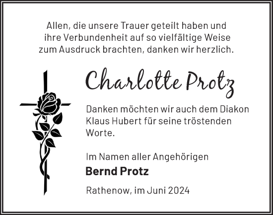 Traueranzeige von Charlotte Protz von Märkische Oderzeitung