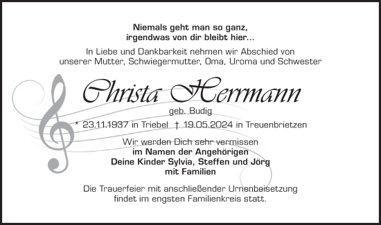 Traueranzeige von Christa Herrmann von Märkische Oderzeitung