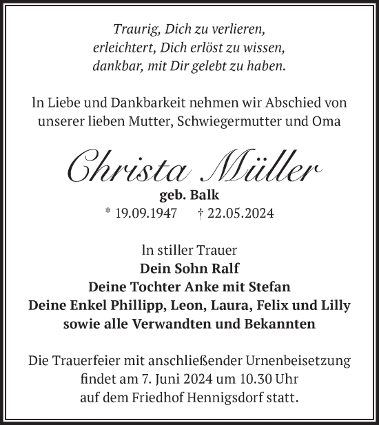 Traueranzeige von Christa Müller von Märkische Oderzeitung