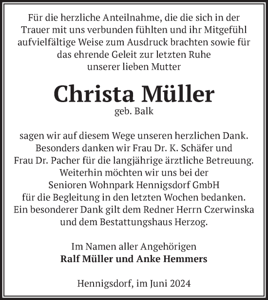 Traueranzeige von Christa Müller von Märkische Oderzeitung