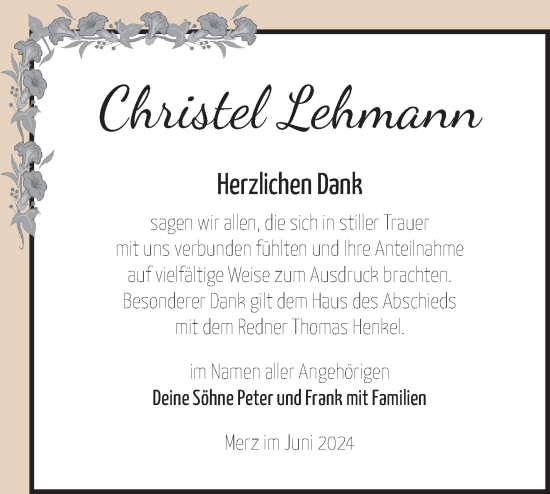 Traueranzeige von Christel Lehmann von Märkische Oderzeitung