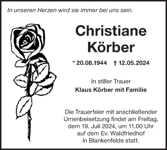 Traueranzeige von Christiane Körber von Märkische Oderzeitung