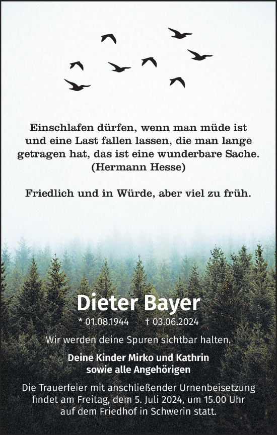 Traueranzeige von Dieter Bayer von Märkische Oderzeitung