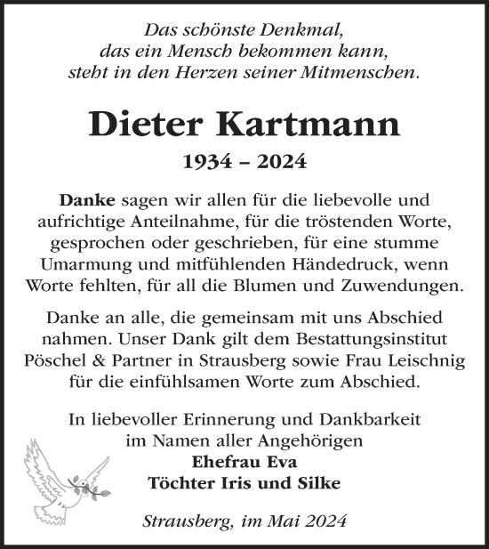 Traueranzeige von Dieter Kartmann von Märkische Oderzeitung