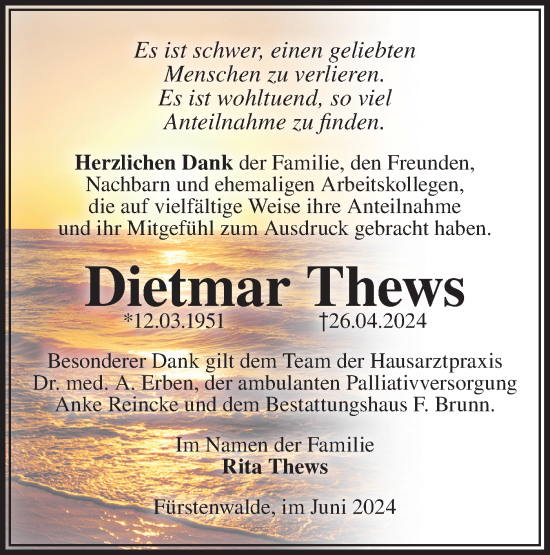 Traueranzeige von Dietmar Thews von Märkische Oderzeitung