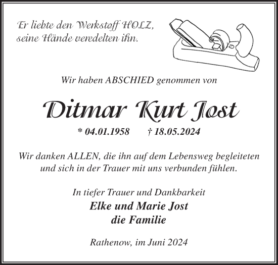 Traueranzeige von Ditmar Kurt Jost von Märkische Oderzeitung