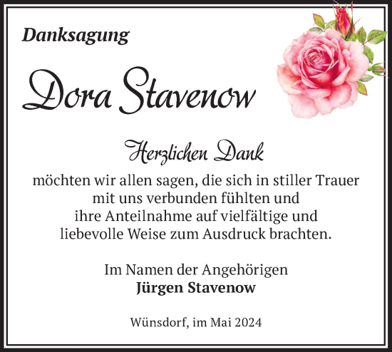 Traueranzeige von Dora Stavenow von Märkische Oderzeitung