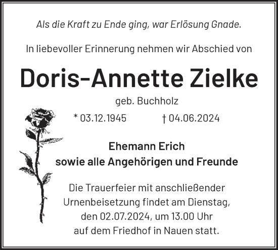 Traueranzeige von Doris-Annette Zielke von Märkische Oderzeitung