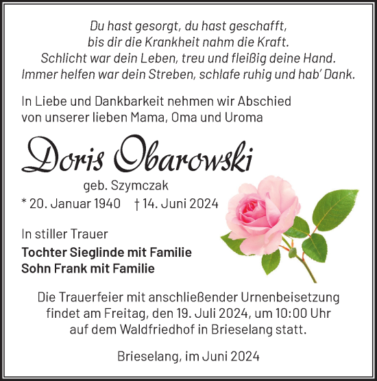 Traueranzeige von Doris Obarowski von Märkische Oderzeitung